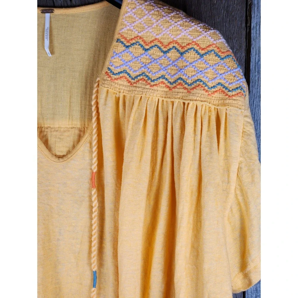 Free People Shirt Embroidered Boho Peasant Blouse Oversized Top OS